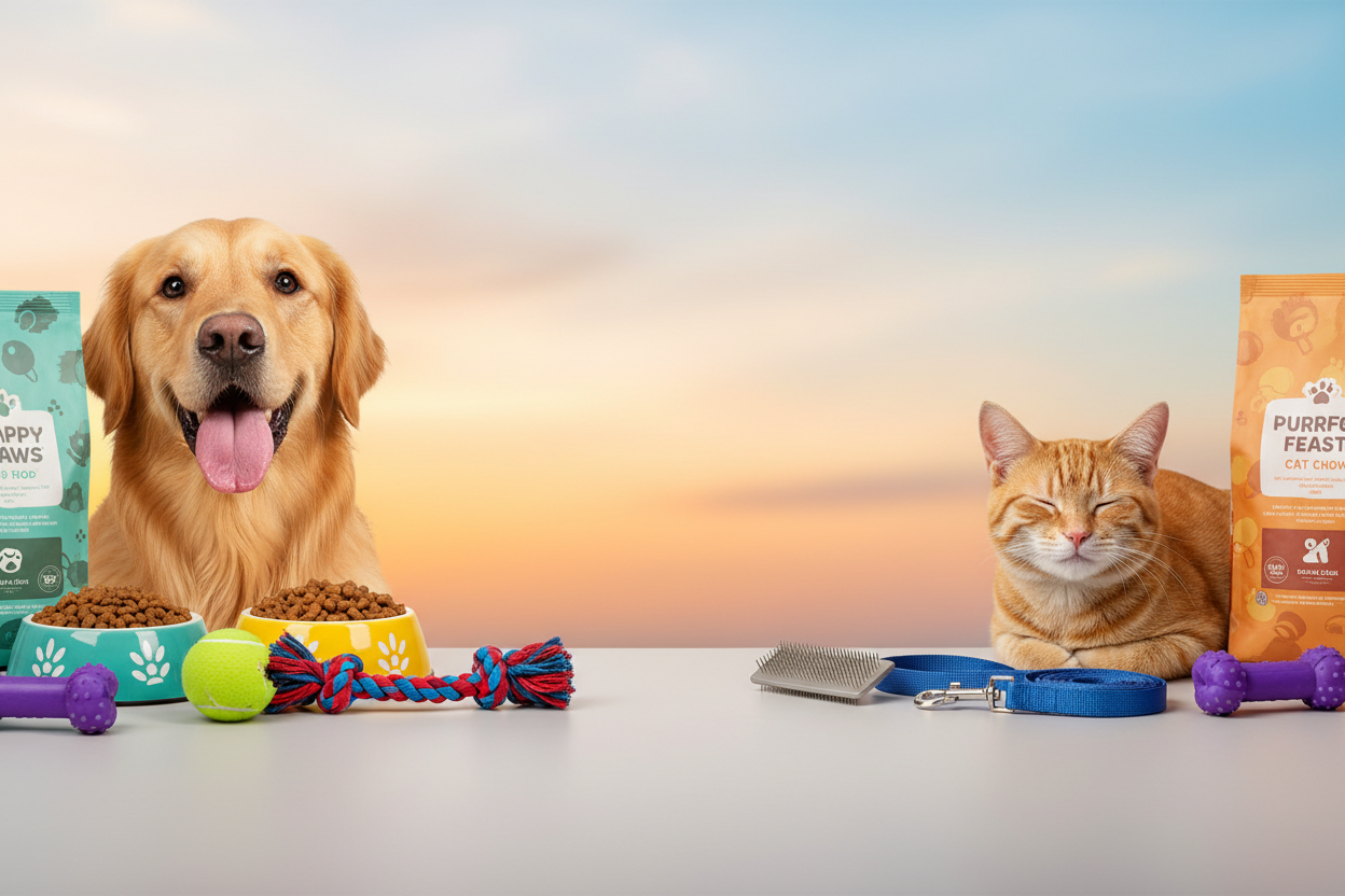 Create me a background image for an online pet supply store with a happy cat on one side and a happy dog on the other side. include basic pet supply items in the image